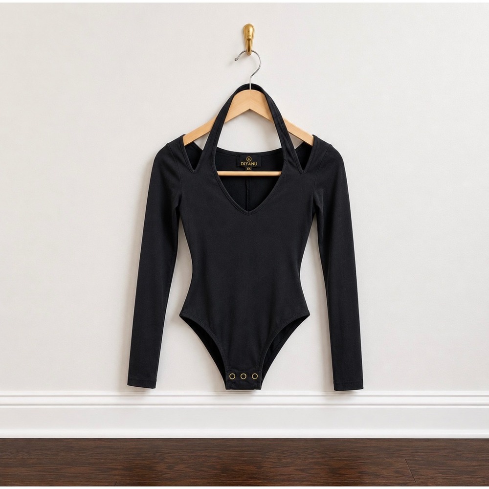 D'Iyanu Womens Black Cold Shoulder Halter V-Neck Long Sleeve Bodysuit XS NWT